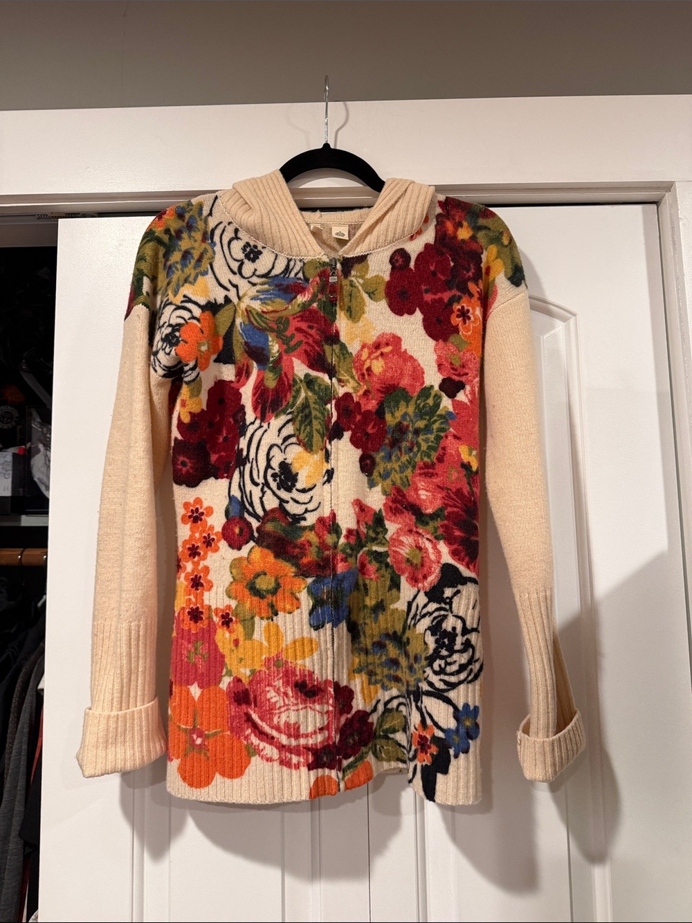 Anthropologie Moth wool Cream Floral Zip-Up Hooded Cardigan medium